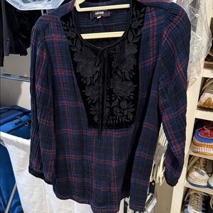 Johnny Was Blue and Red Plaid Blouse with Black Floral Detail